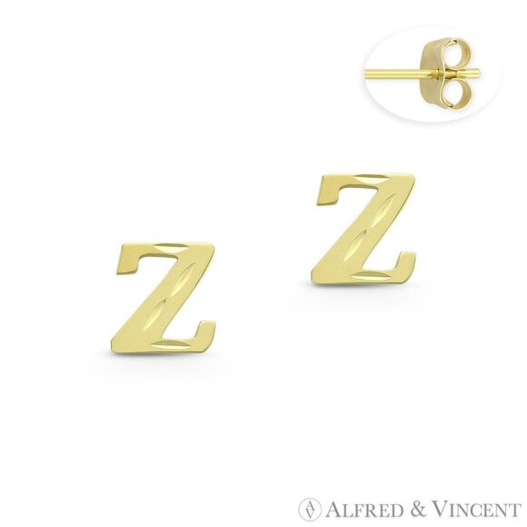Initial Letter "Z" Stud Earrings with Push-Back Posts in 14k Yellow Gold - Picture 1 of 1